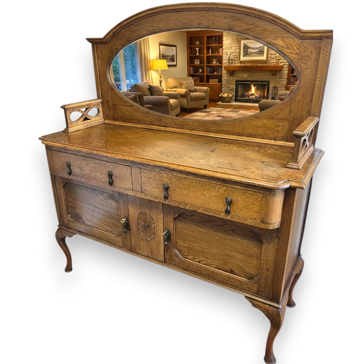 Antique Oak Sideboard Cabinet Oval Mirror Arts & Crafts Style Dresser
