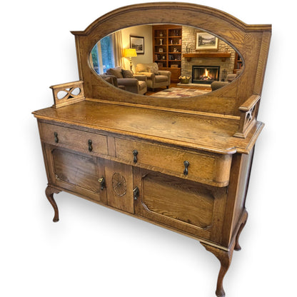Antique Oak Sideboard Cabinet Oval Mirror Arts & Crafts Style Dresser