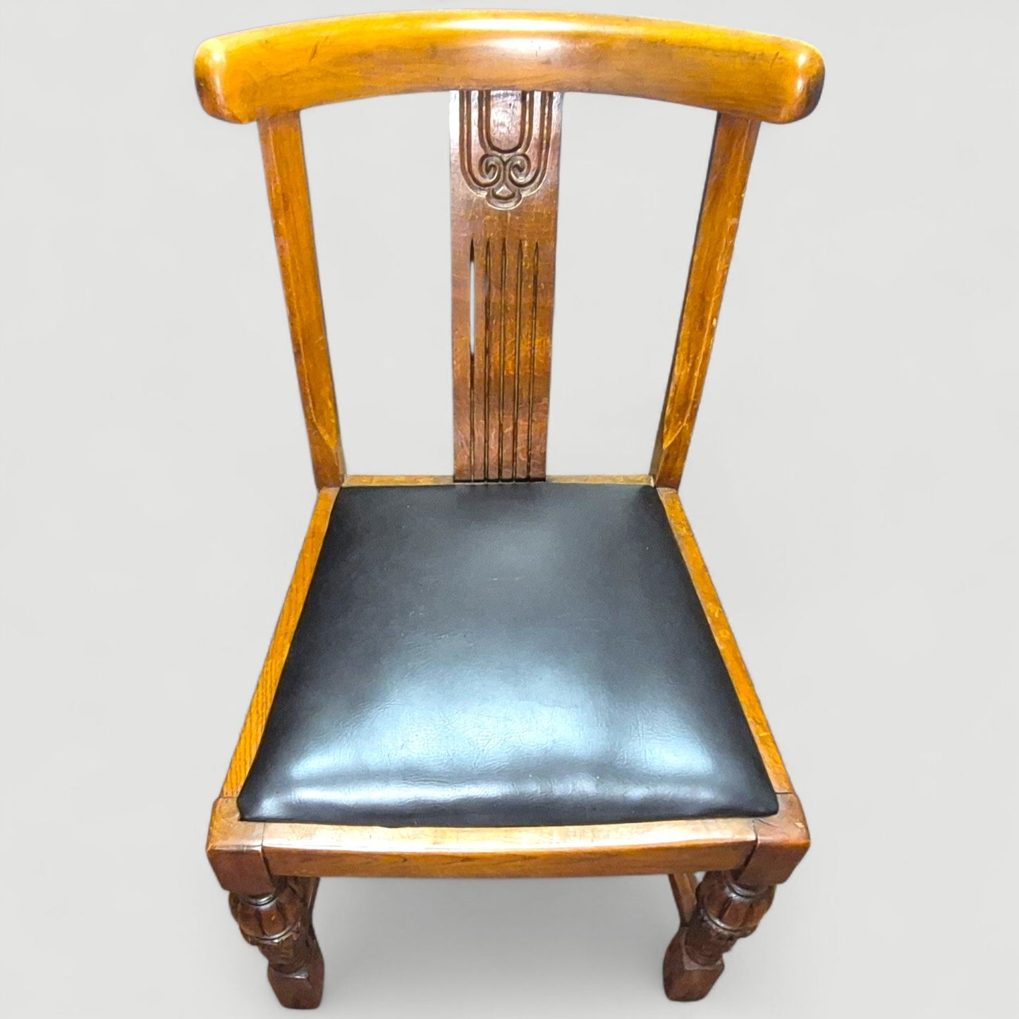 Set of 4 Vintage 1920s Honey Oak Dining Chairs – Carved Detail & Black Upholstered Seats