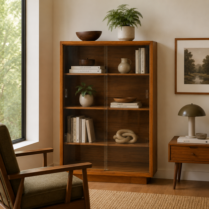 Vintage Mid-Century Teak Bookcase with Sliding Glass Doors