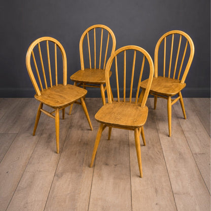 Set of 4 Vintage Ercol Windsor Dining Chairs | Mid-Century Elm & Beech Hoop Back Chairs