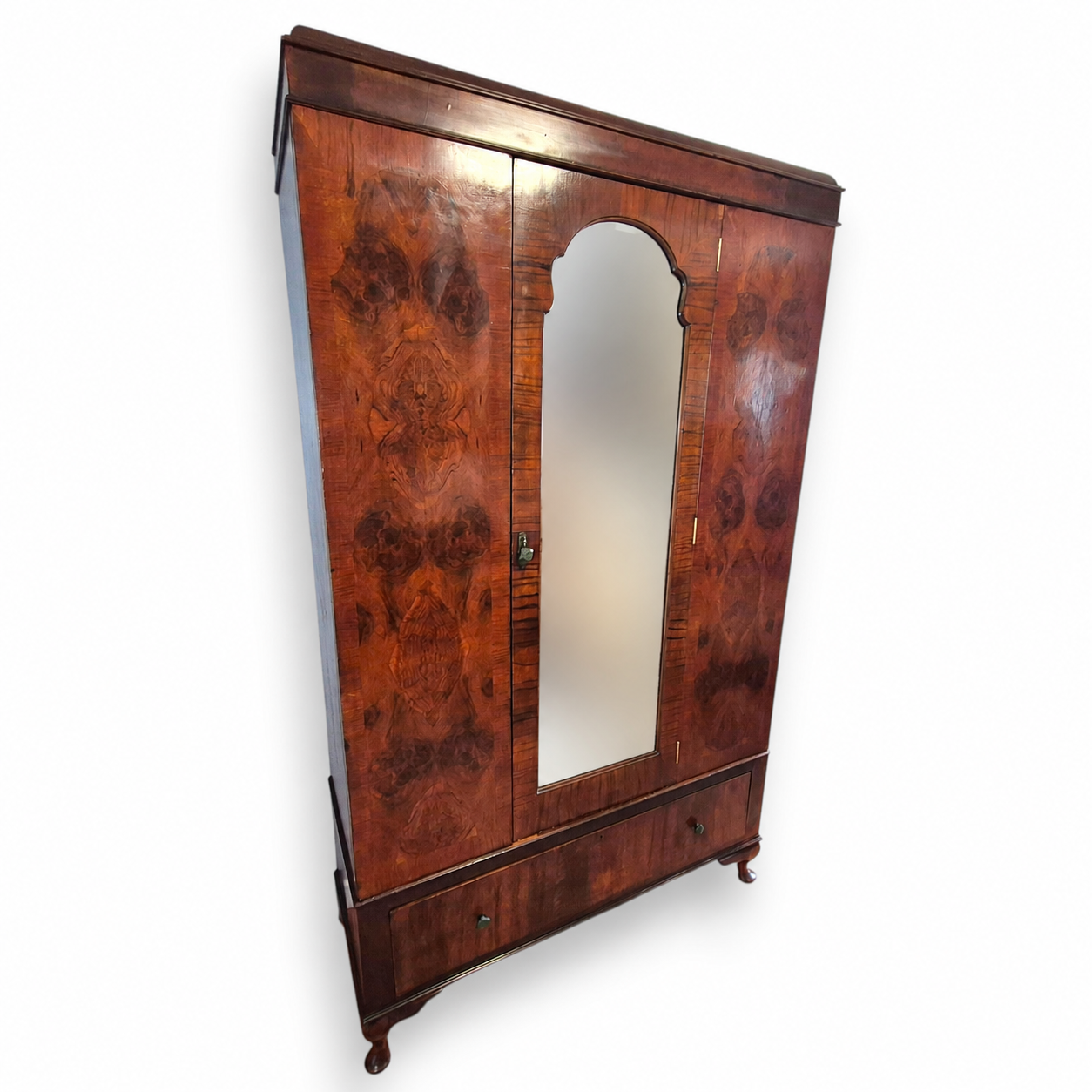 Art Deco Burr Walnut Triple Wardrobe with Original Bevelled Mirror – 1930s