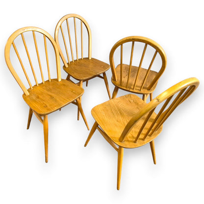 Set of 4 Vintage Ercol Windsor Dining Chairs | Mid-Century Elm & Beech Hoop Back Chairs