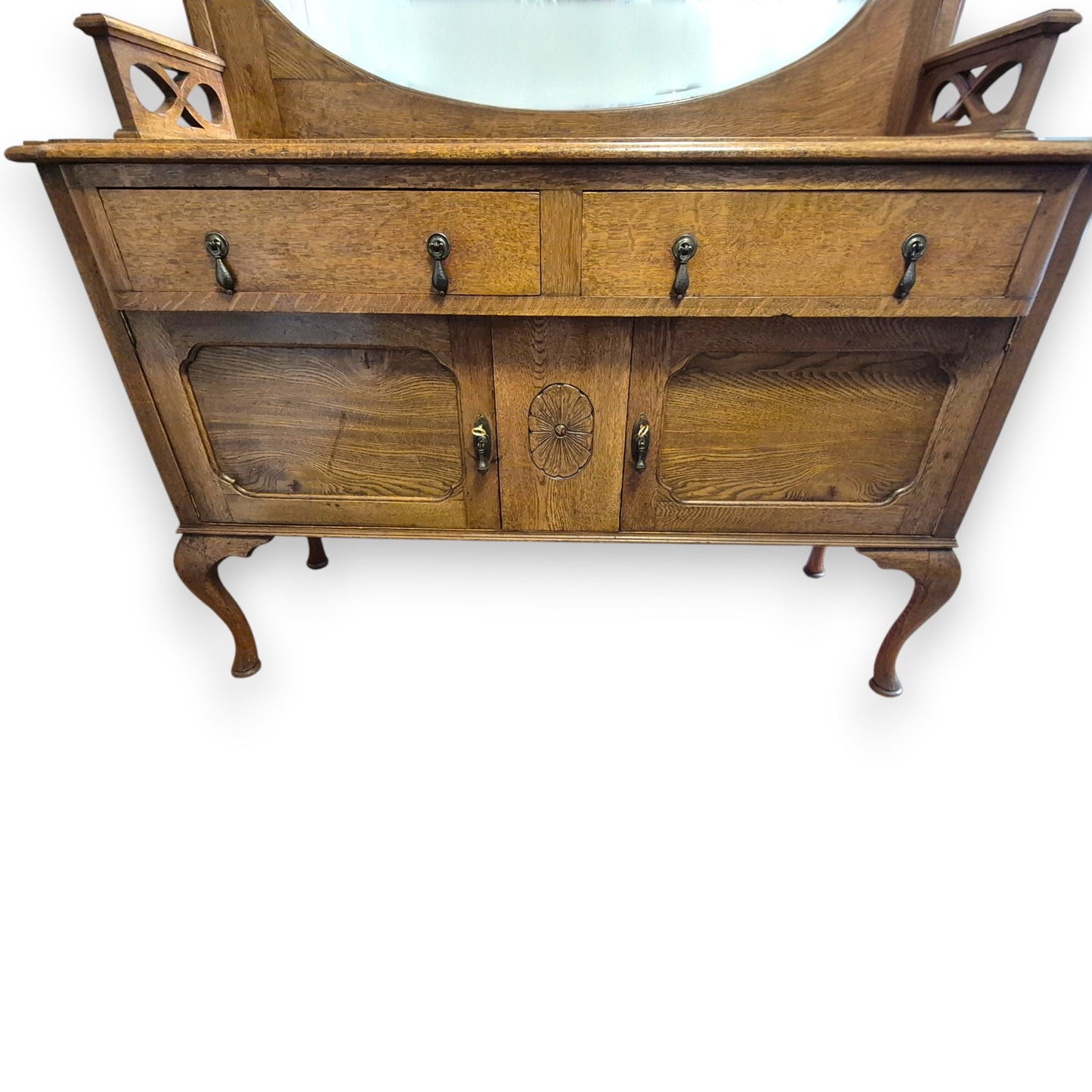 Antique Oak Sideboard Cabinet Oval Mirror Arts & Crafts Style Dresser