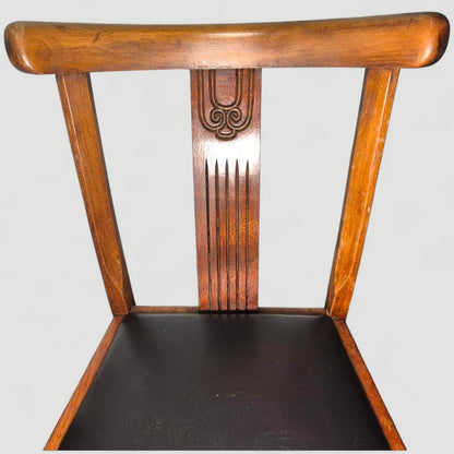 Set of 4 Vintage 1920s Honey Oak Dining Chairs – Carved Detail & Black Upholstered Seats