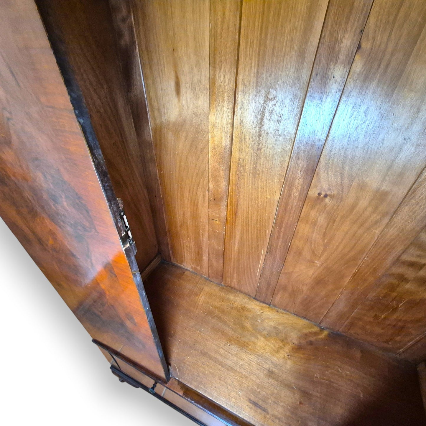 Art Deco Burr Walnut Triple Wardrobe with Original Bevelled Mirror – 1930s