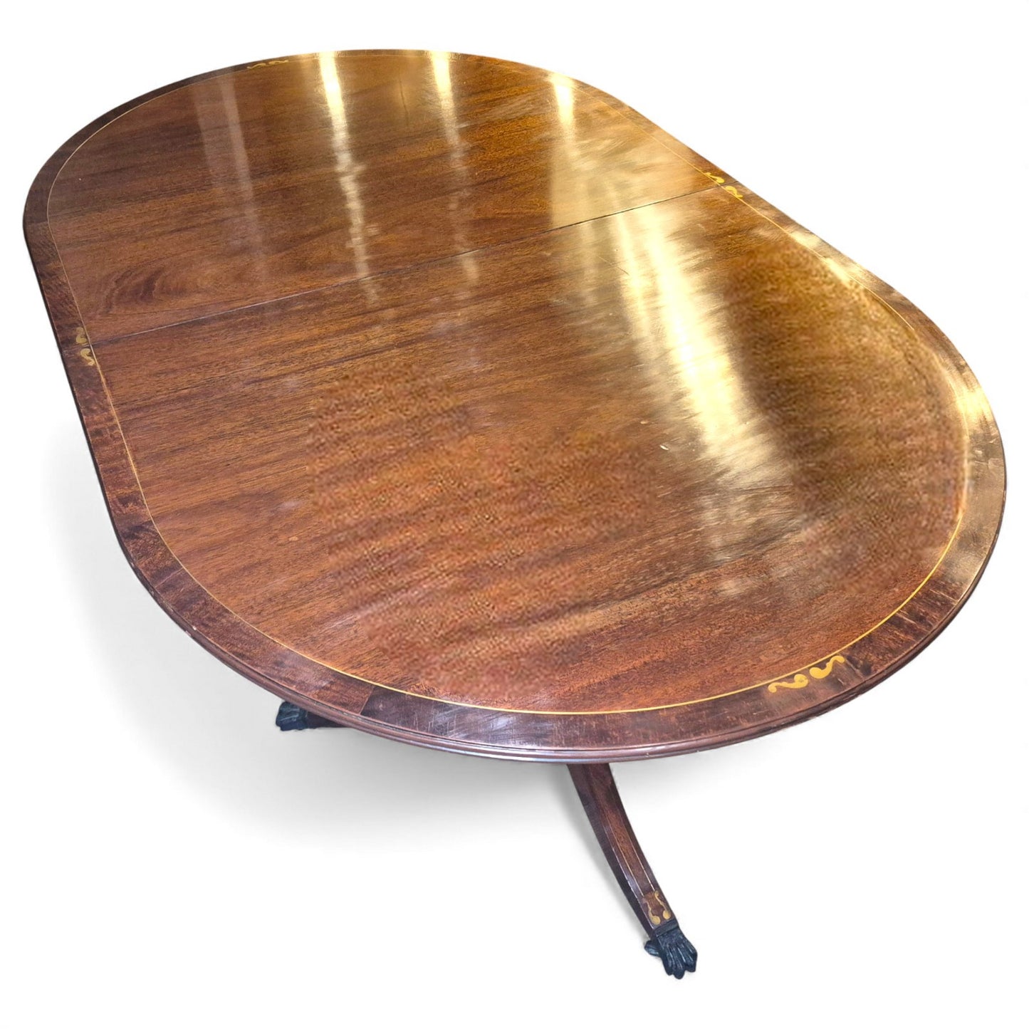 Antique Mahogany Extending Dining Table – Regency Pedestal, Twin Bases & Extension Leaf