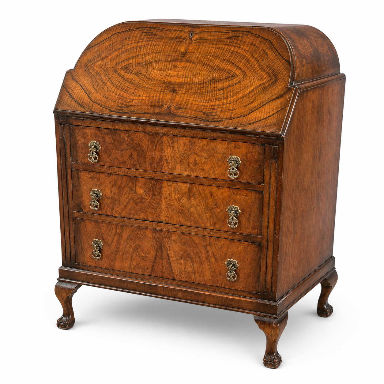 Vintage 1920s Queen Anne Style Walnut Cylinder-Top Writing Bureau