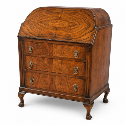 Vintage 1920s Queen Anne Style Walnut Cylinder-Top Writing Bureau