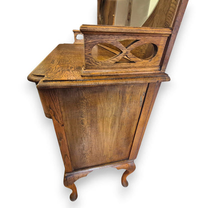 Antique Oak Sideboard Cabinet Oval Mirror Arts & Crafts Style Dresser