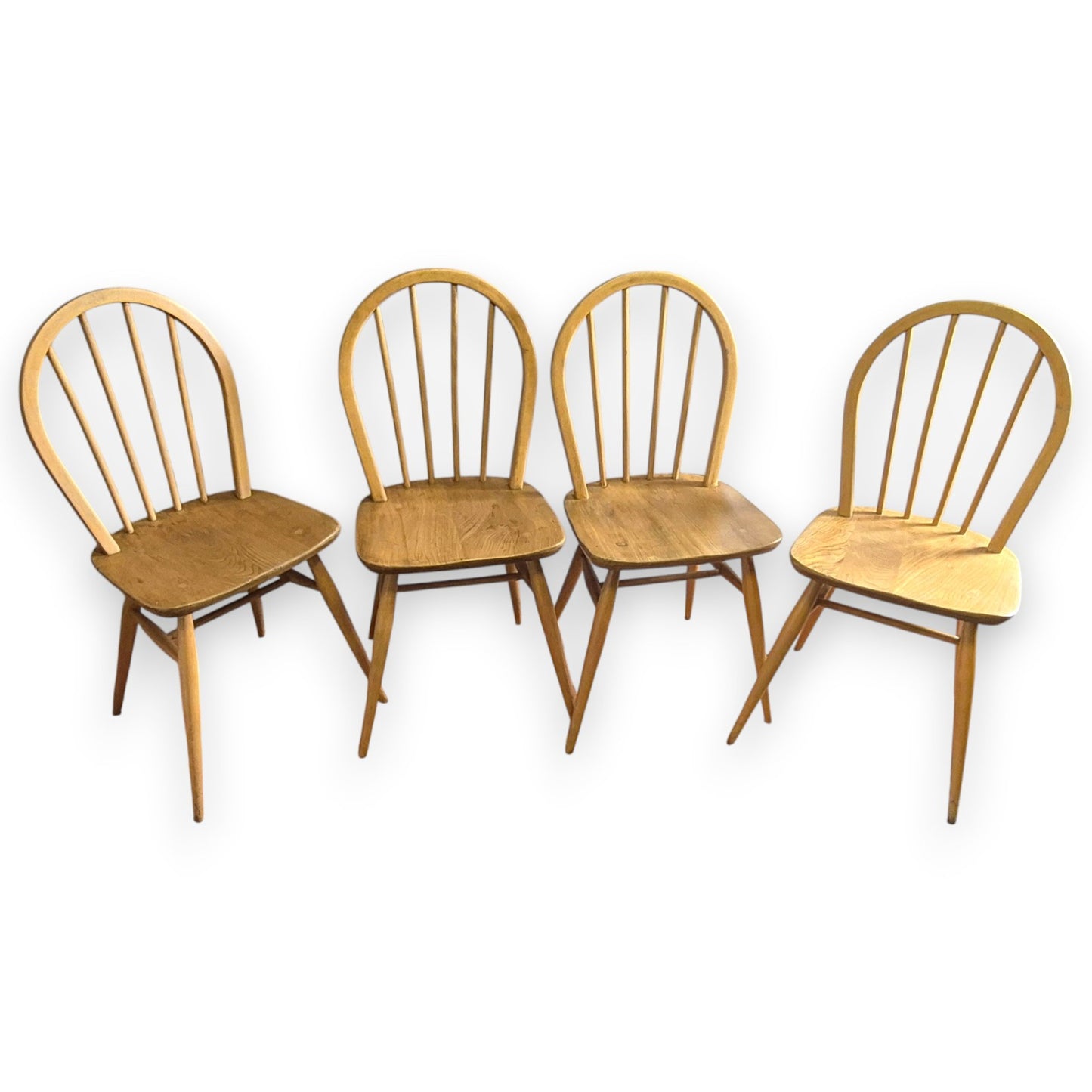 Set of 4 Vintage Ercol Windsor Dining Chairs | Mid-Century Elm & Beech Hoop Back Chairs