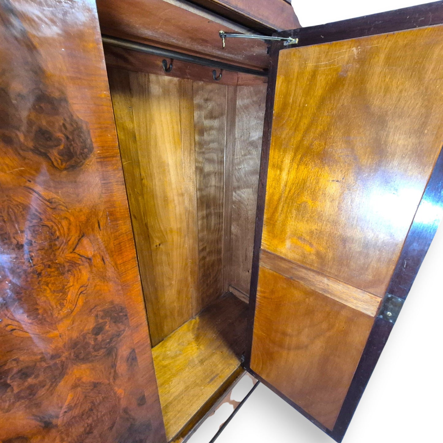 Art Deco Burr Walnut Triple Wardrobe with Original Bevelled Mirror – 1930s