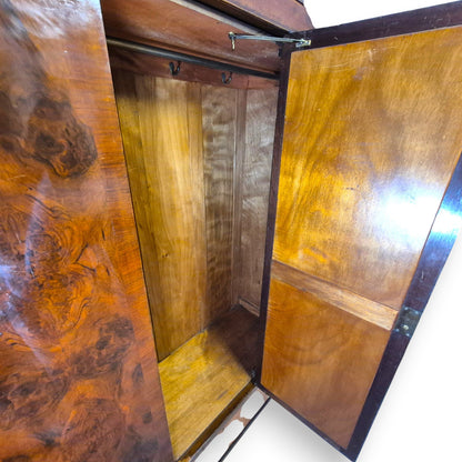 Art Deco Burr Walnut Triple Wardrobe with Original Bevelled Mirror – 1930s