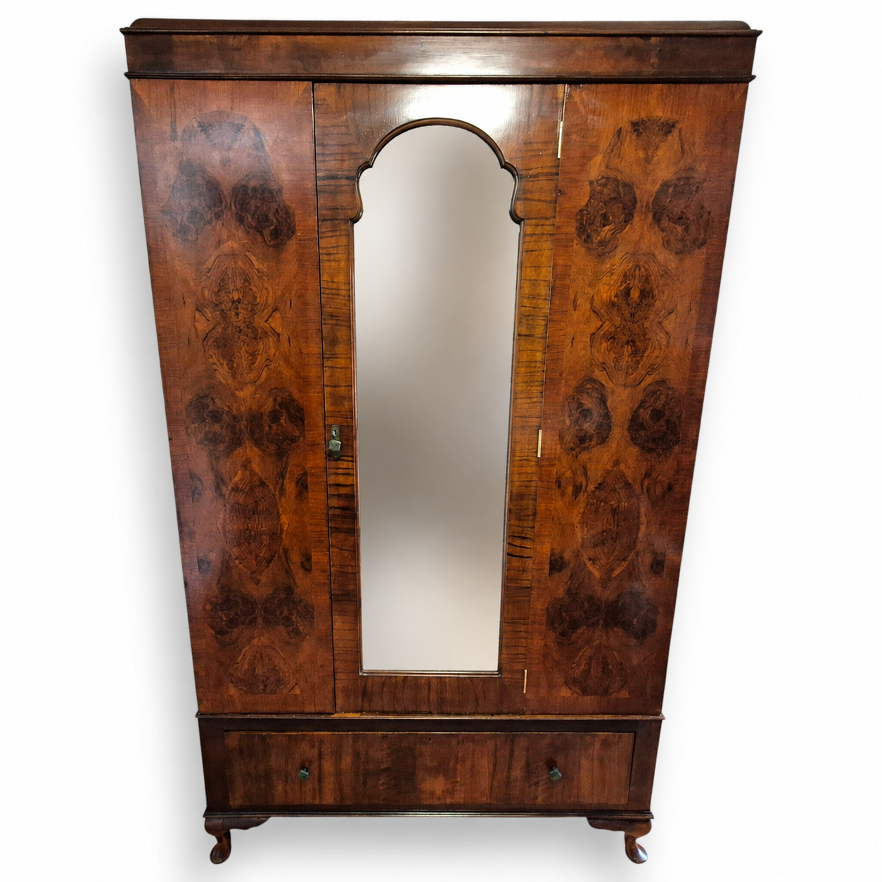 Art Deco Burr Walnut Triple Wardrobe with Original Bevelled Mirror – 1930s