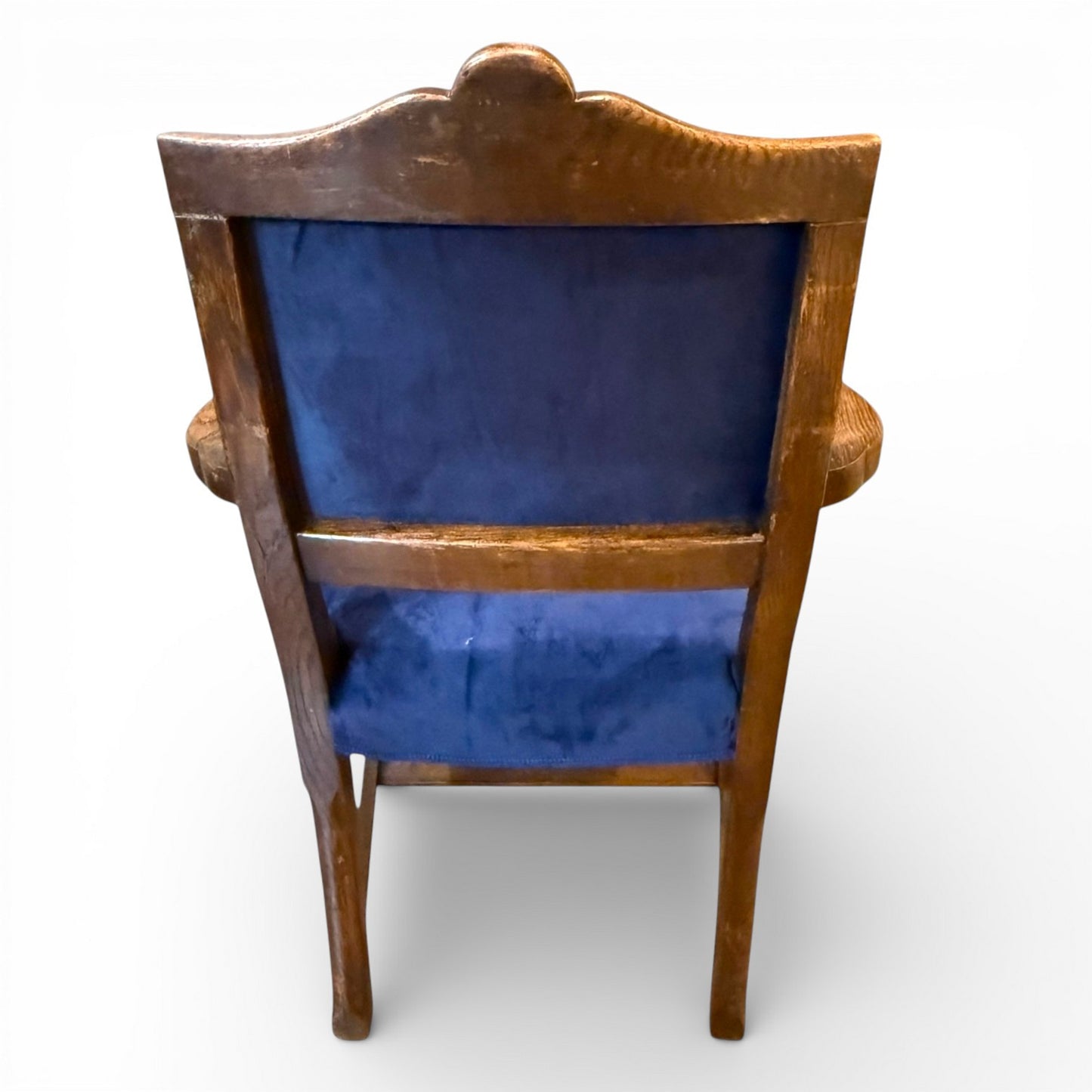 Antique Oak Armchair with Blue Velvet Upholstery