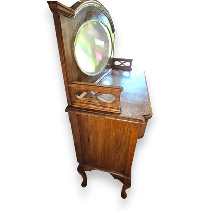 Antique Oak Sideboard Cabinet Oval Mirror Arts & Crafts Style Dresser