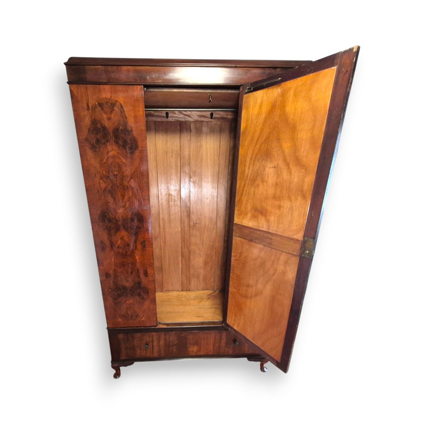 Art Deco Burr Walnut Triple Wardrobe with Original Bevelled Mirror – 1930s