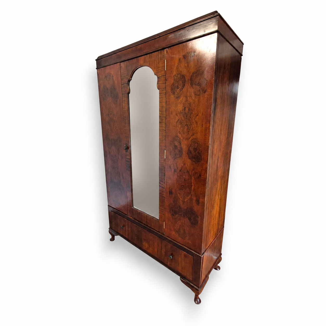 Art Deco Burr Walnut Triple Wardrobe with Original Bevelled Mirror – 1930s