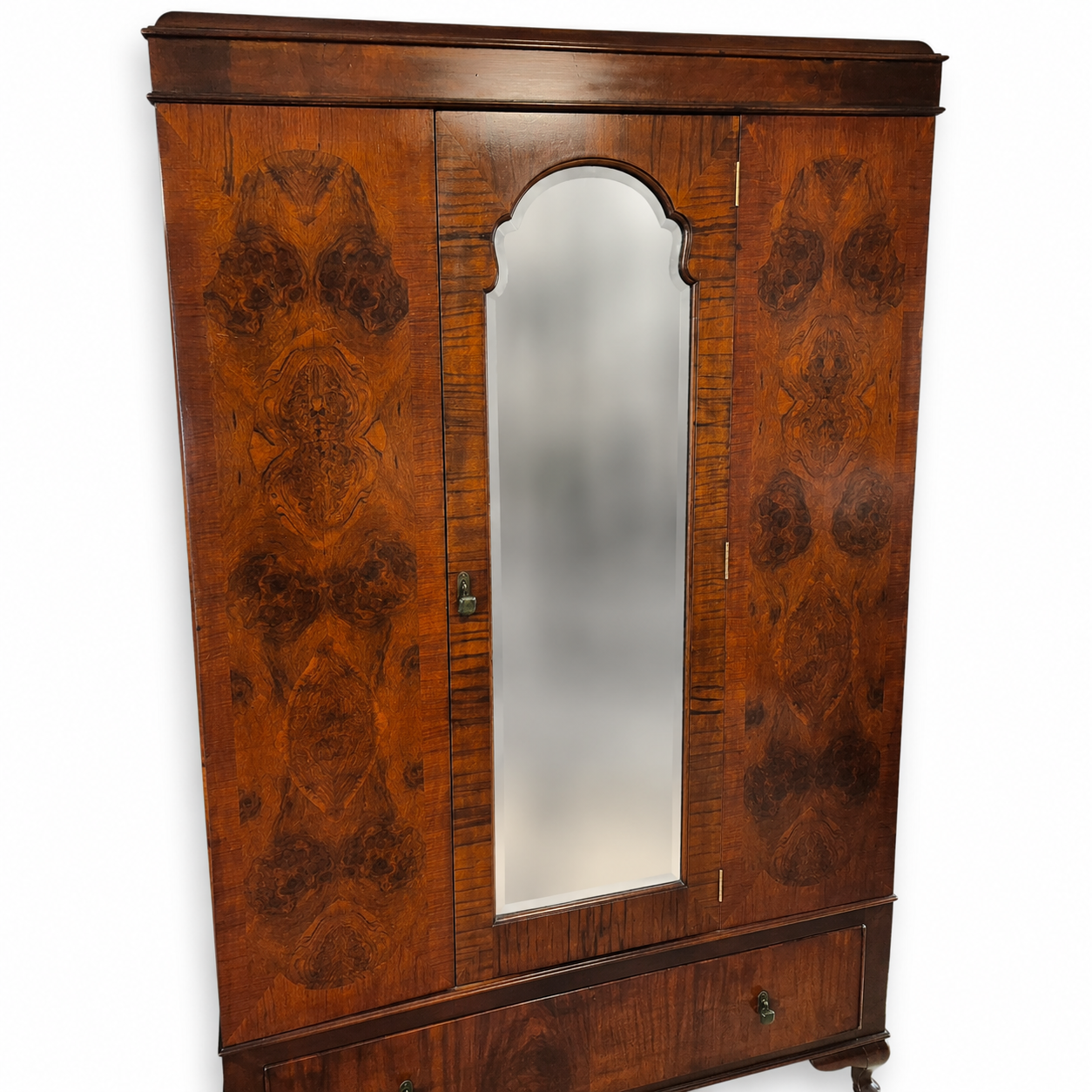 Art Deco Burr Walnut Triple Wardrobe with Original Bevelled Mirror – 1930s