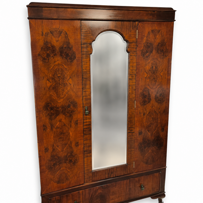 Art Deco Burr Walnut Triple Wardrobe with Original Bevelled Mirror – 1930s