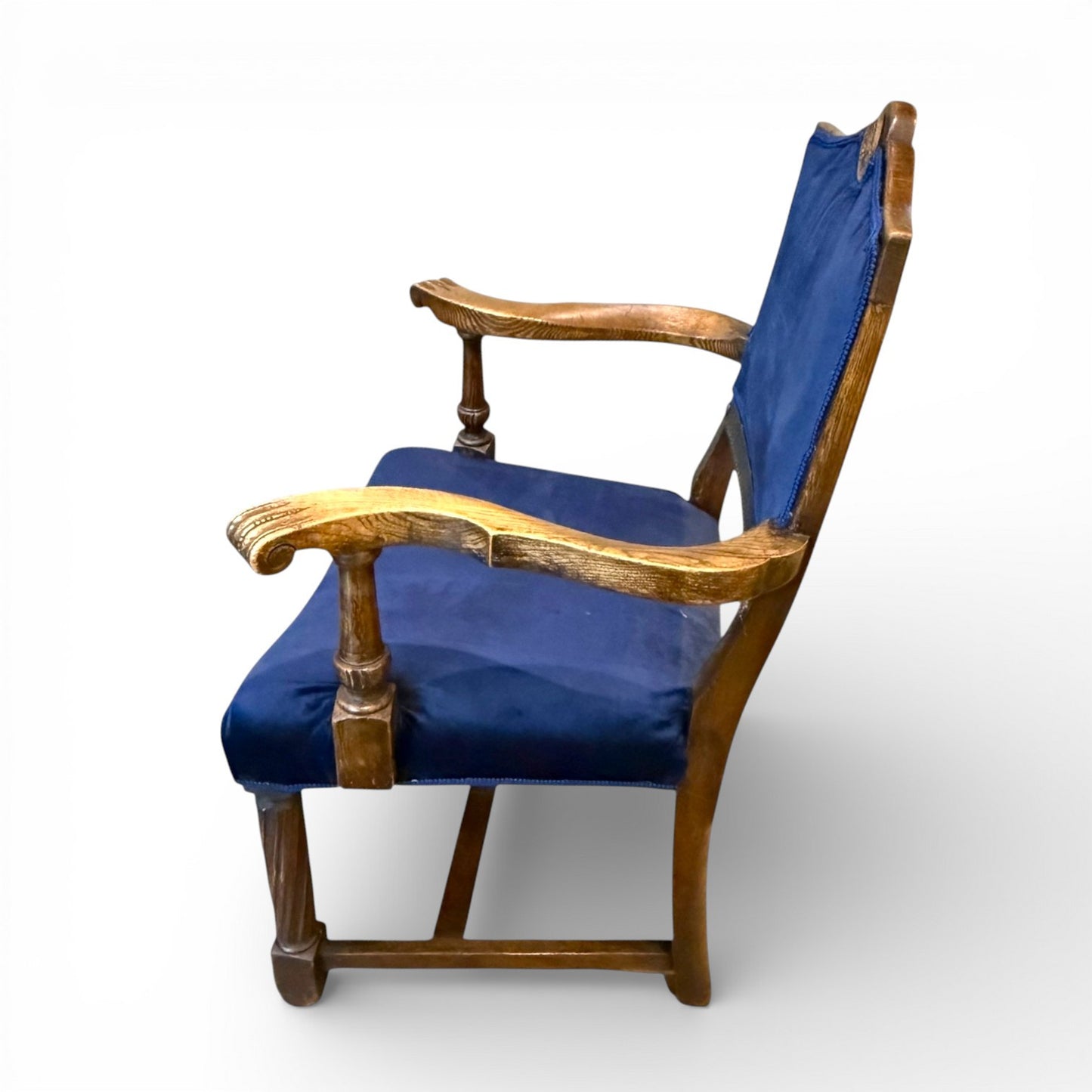Antique Oak Armchair with Blue Velvet Upholstery