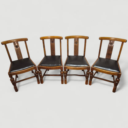 Set of 4 Vintage 1920s Honey Oak Dining Chairs – Carved Detail & Black Upholstered Seats