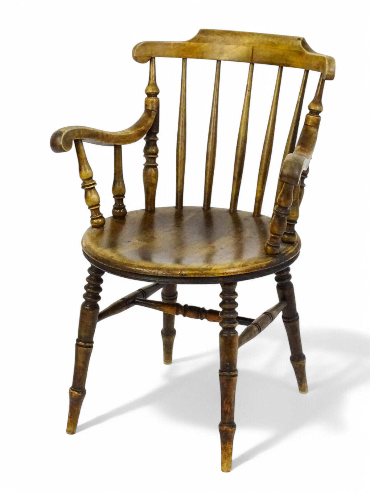 Antique 19th Century Penny Seated Windsor Arm Elbow Chair Scrolled Arms