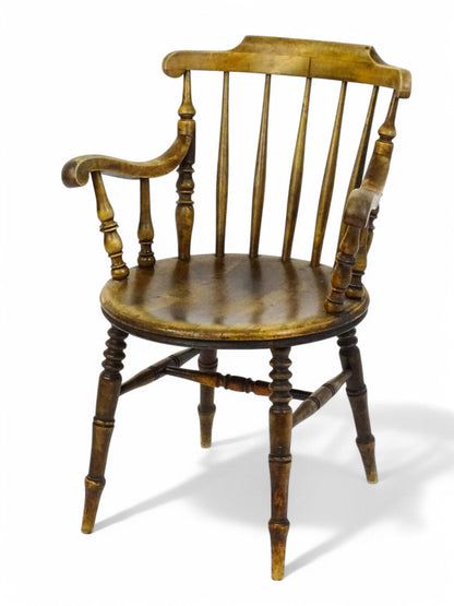 Antique 19th Century Penny Seated Windsor Arm Elbow Chair Scrolled Arms