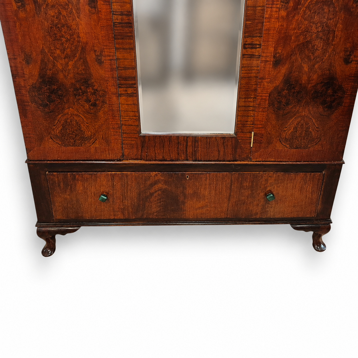 Art Deco Burr Walnut Triple Wardrobe with Original Bevelled Mirror – 1930s