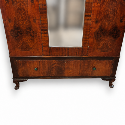 Art Deco Burr Walnut Triple Wardrobe with Original Bevelled Mirror – 1930s