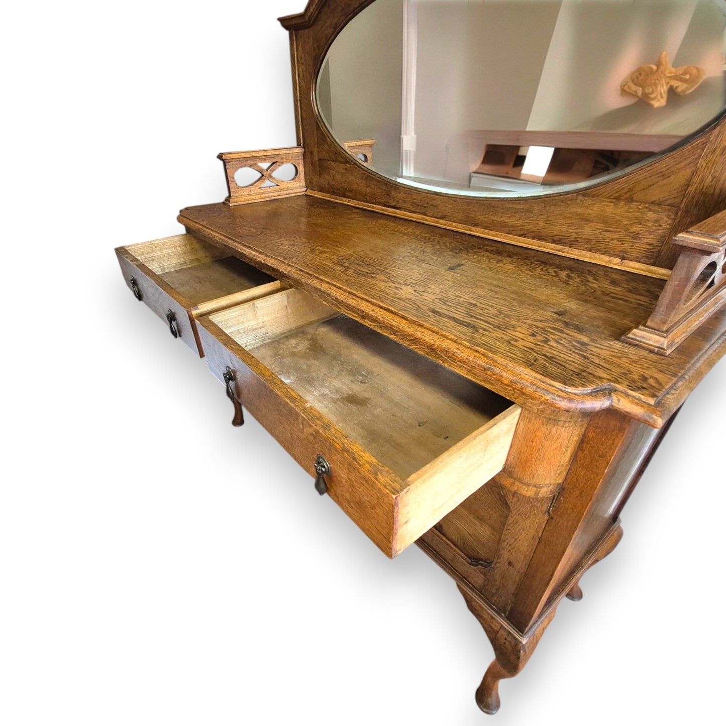 Antique Oak Sideboard Cabinet Oval Mirror Arts & Crafts Style Dresser