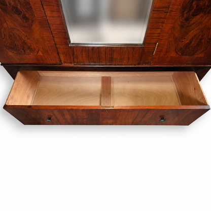 Art Deco Burr Walnut Triple Wardrobe with Original Bevelled Mirror – 1930s