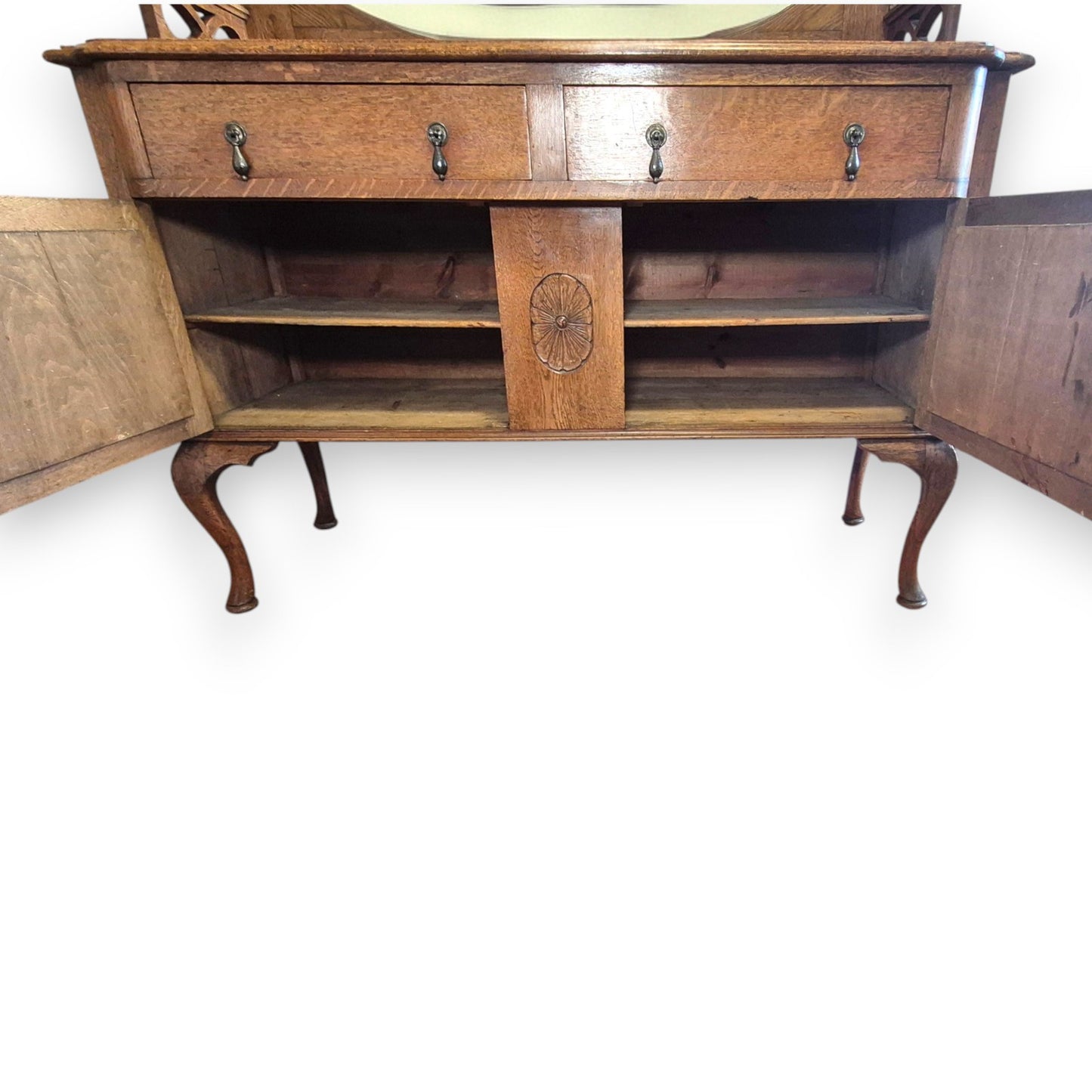 Antique Oak Sideboard Cabinet Oval Mirror Arts & Crafts Style Dresser