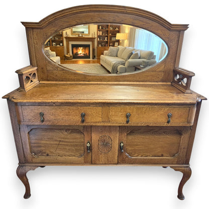 Antique Oak Sideboard Cabinet Oval Mirror Arts & Crafts Style Dresser