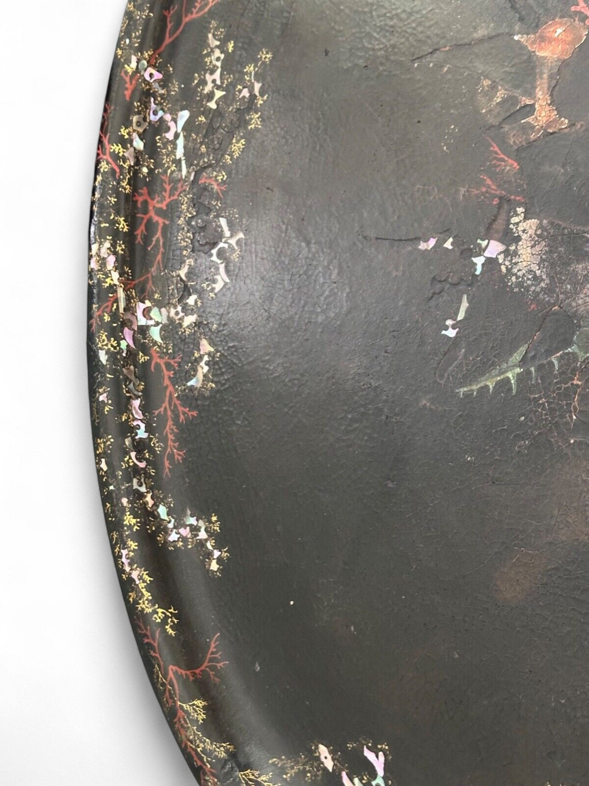 Antique Victorian Papier Mâché Tray on Stand with Mother of Pearl Inlay