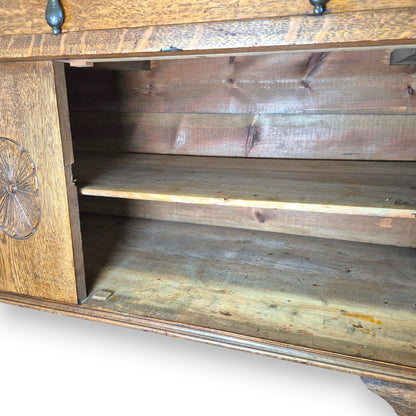 Antique Oak Sideboard Cabinet Oval Mirror Arts & Crafts Style Dresser