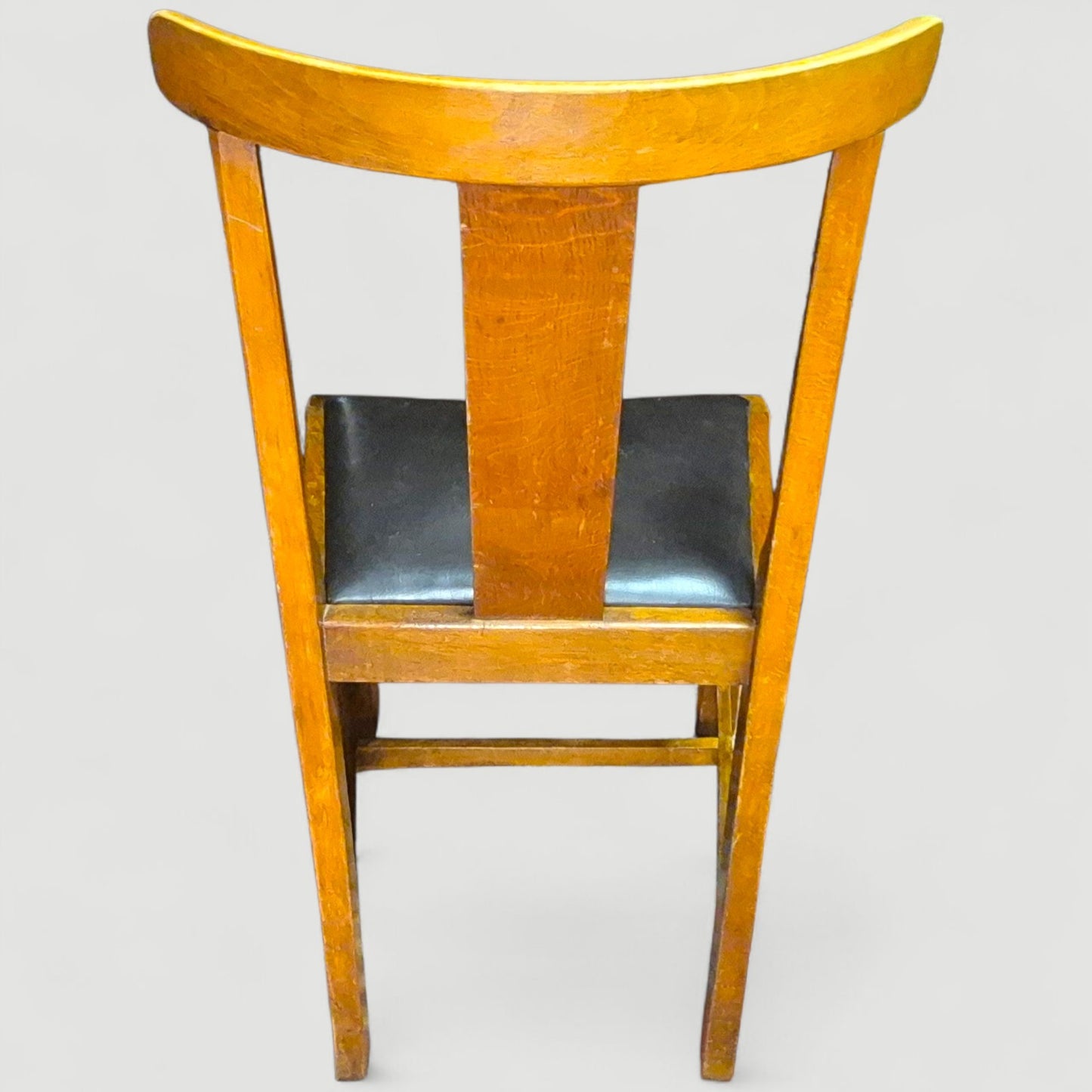 Set of 4 Vintage 1920s Honey Oak Dining Chairs – Carved Detail & Black Upholstered Seats