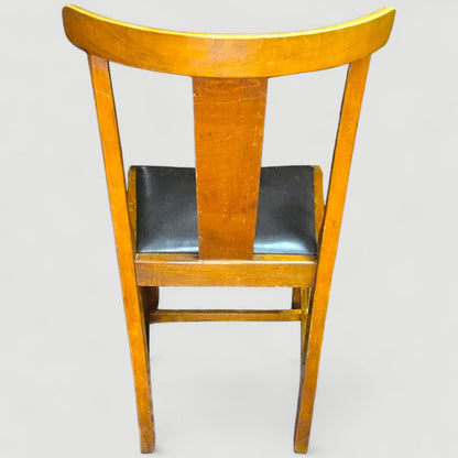 Set of 4 Vintage 1920s Honey Oak Dining Chairs – Carved Detail & Black Upholstered Seats