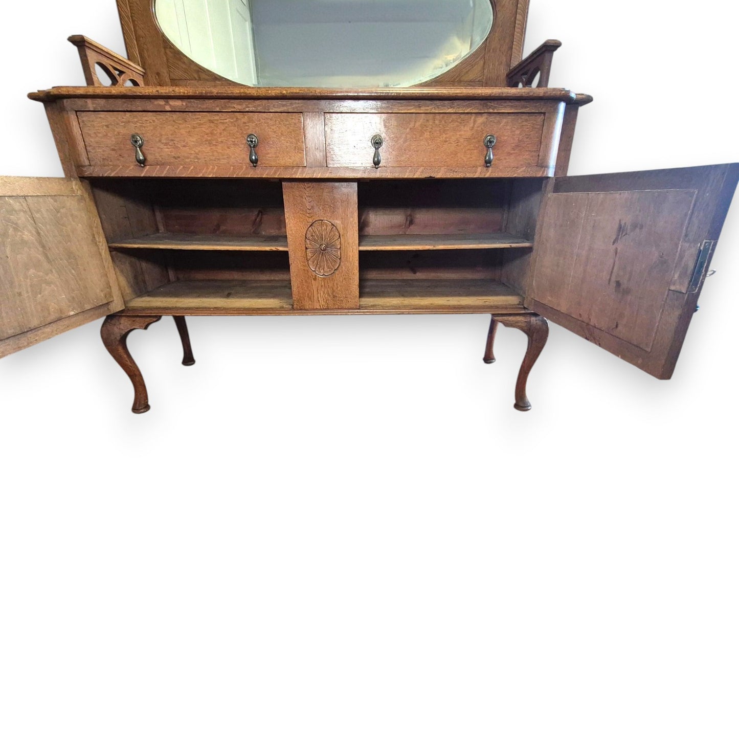 Antique Oak Sideboard Cabinet Oval Mirror Arts & Crafts Style Dresser