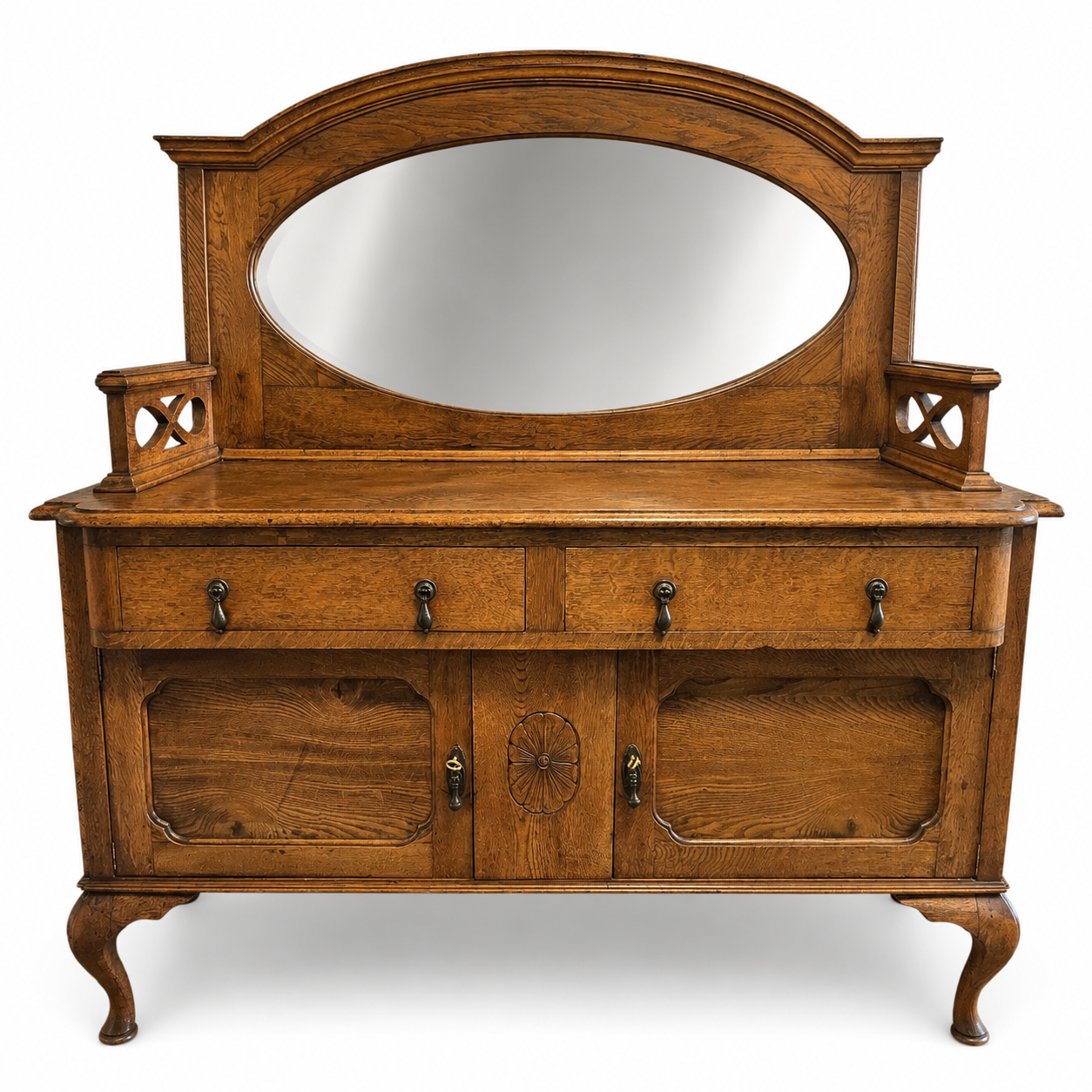 Antique Oak Sideboard Cabinet Oval Mirror Arts & Crafts Style Dresser