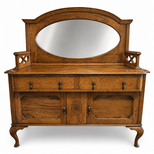 Antique Oak Sideboard Cabinet Oval Mirror Arts & Crafts Style Dresser