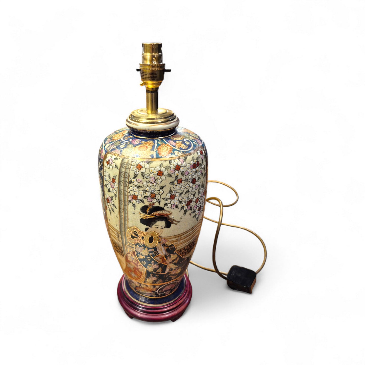 Red wooden base and brass fittings on vintage Satsuma table lamp