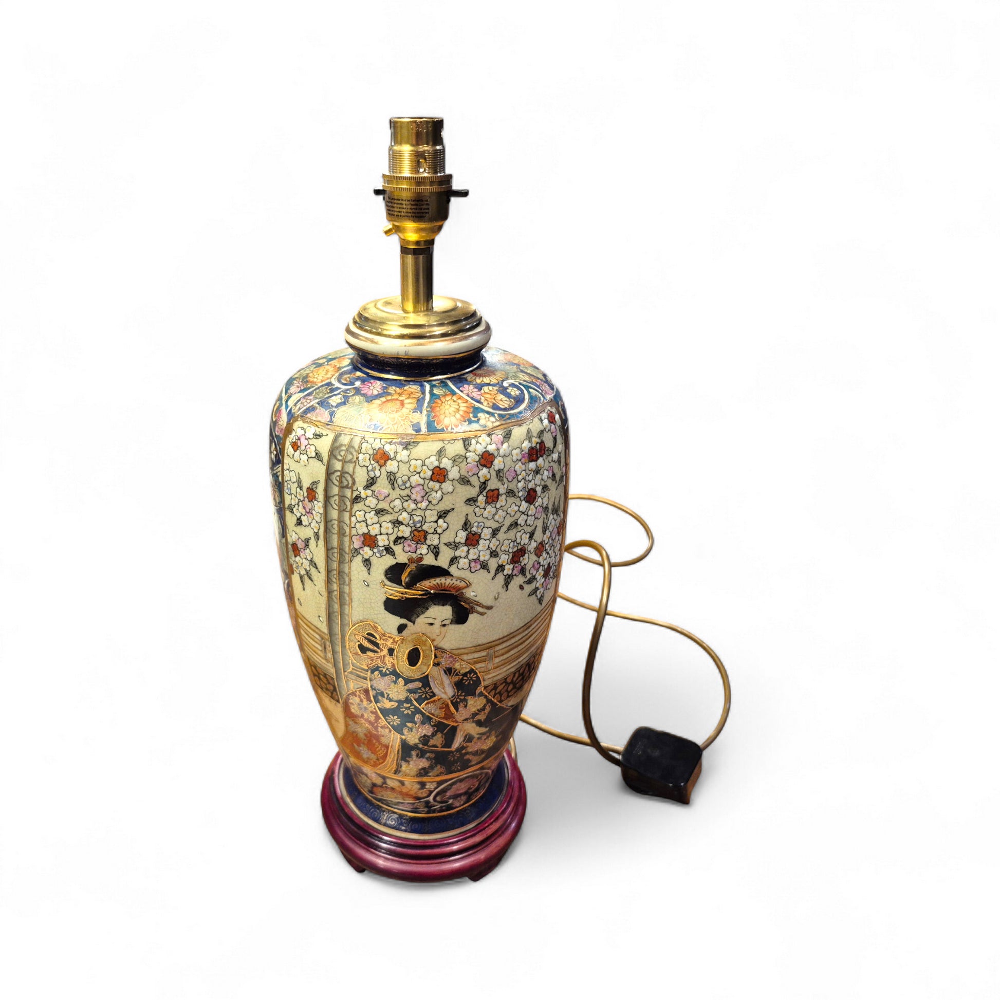 Red wooden base and brass fittings on vintage Satsuma table lamp