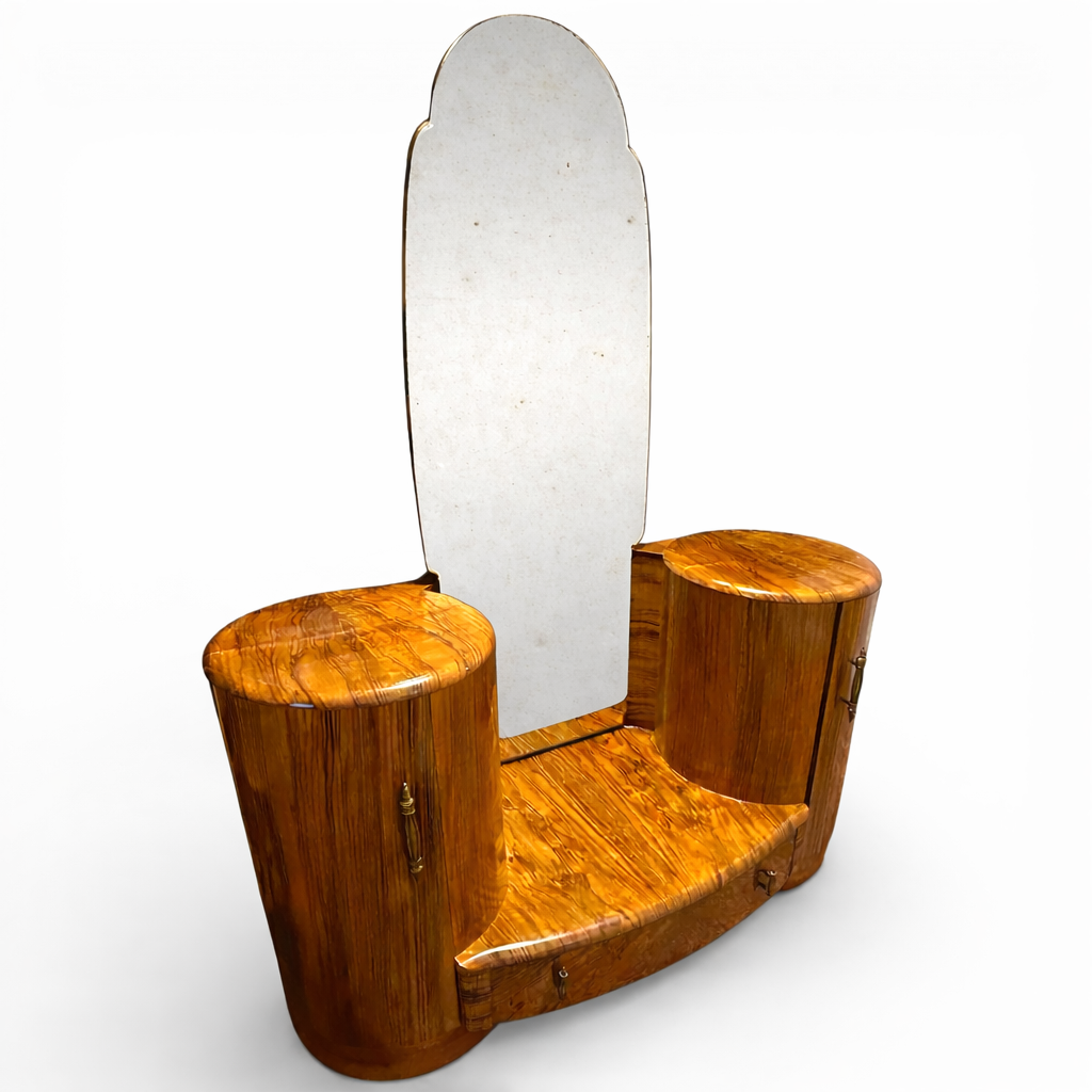 Art Deco Shrager dressing table in burr walnut with original shaped mirror and curved side cabinets