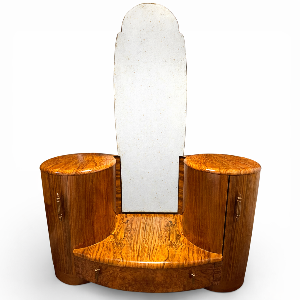 Art Deco Shrager Bros dressing table in burr walnut with original shaped mirror and curved side cabinets