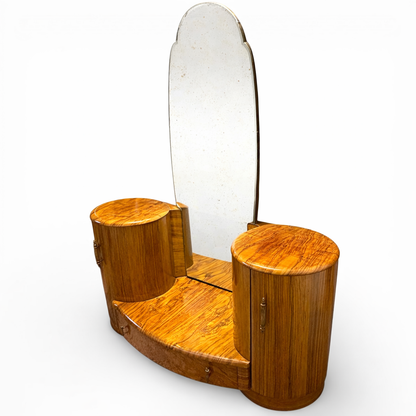 Shrager Art Deco walnut dressing table showing curved side cabinets and symmetrical design
