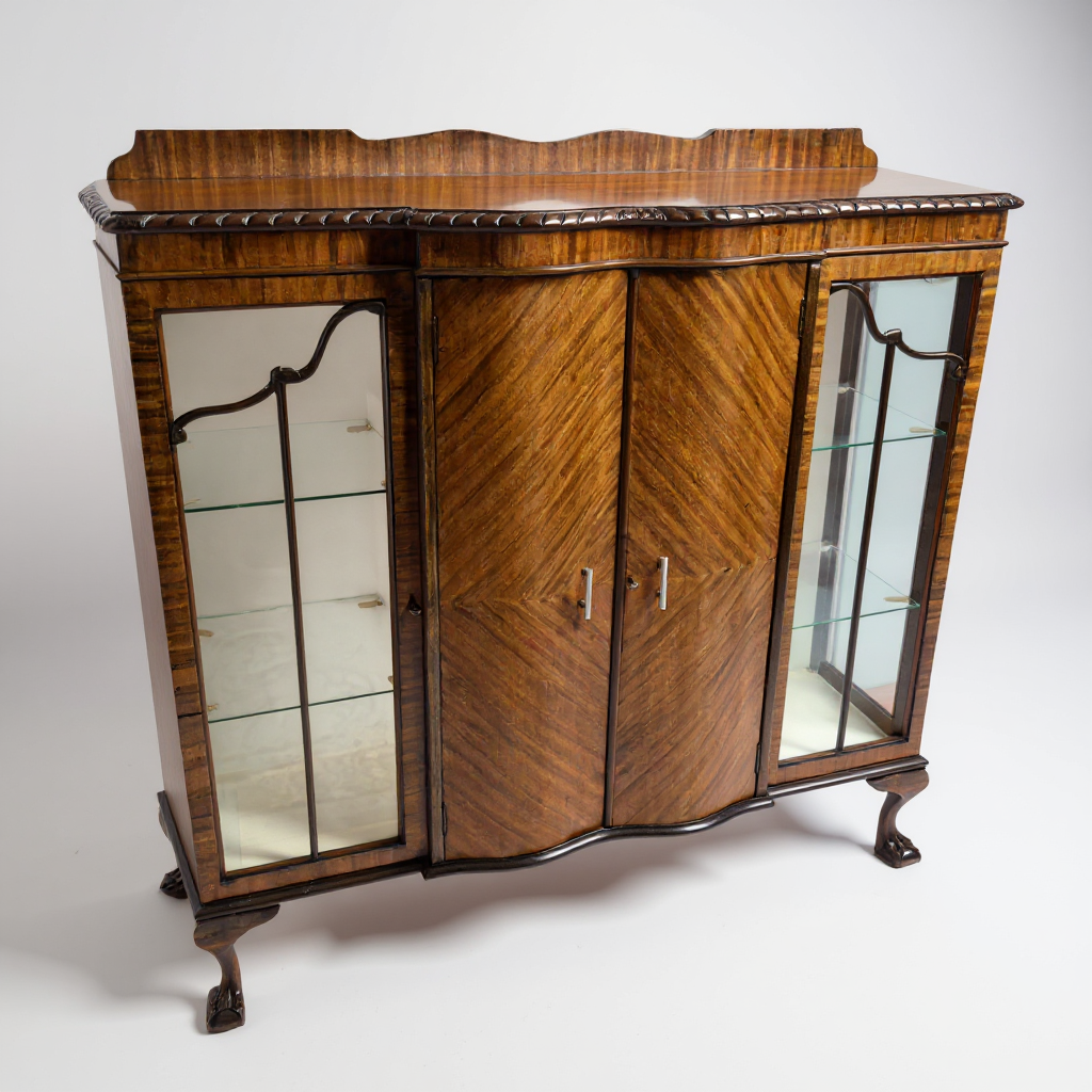 Side view showing twin display sections and central cupboard storage