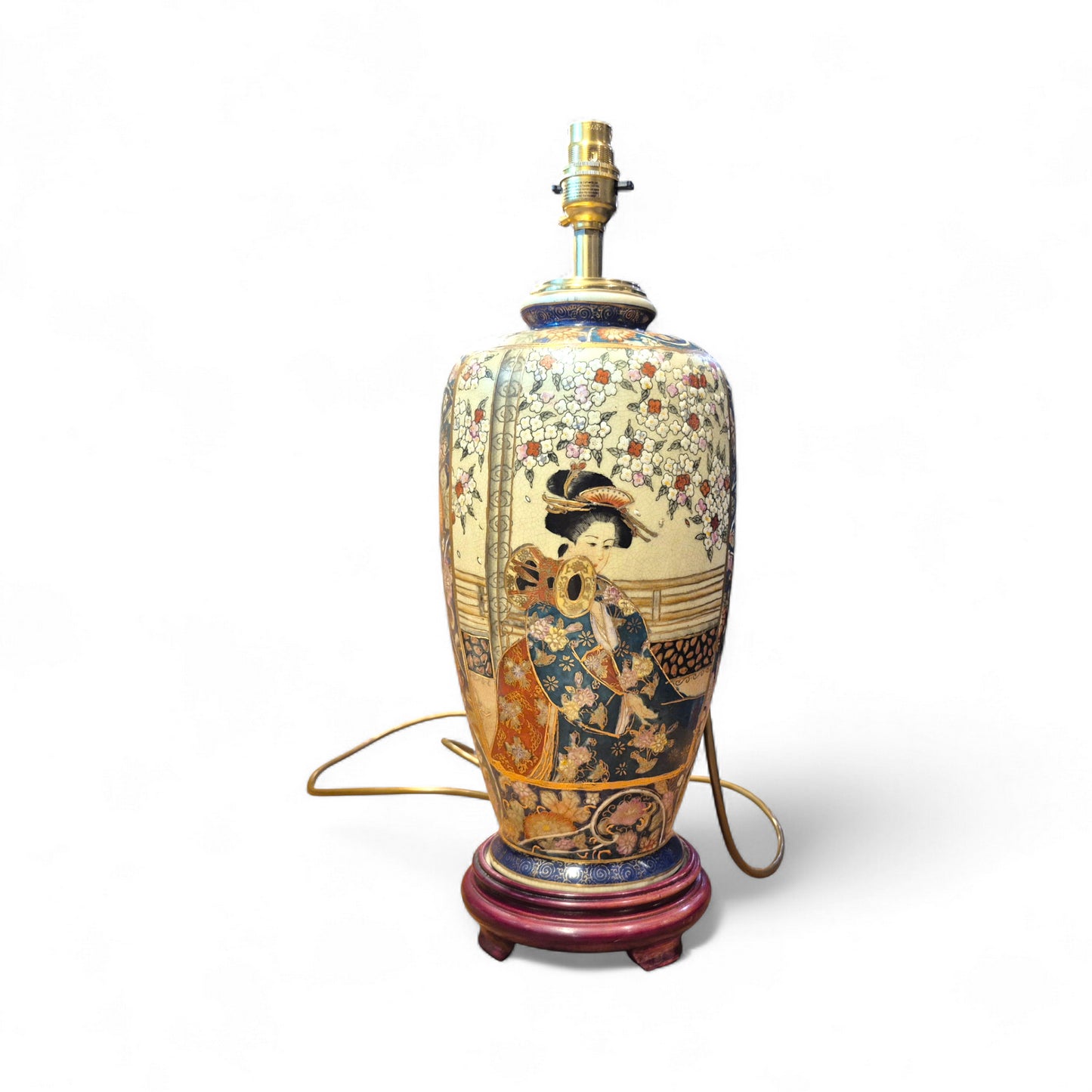 Side view of Japanese Satsuma lamp showing gold and blue decoration