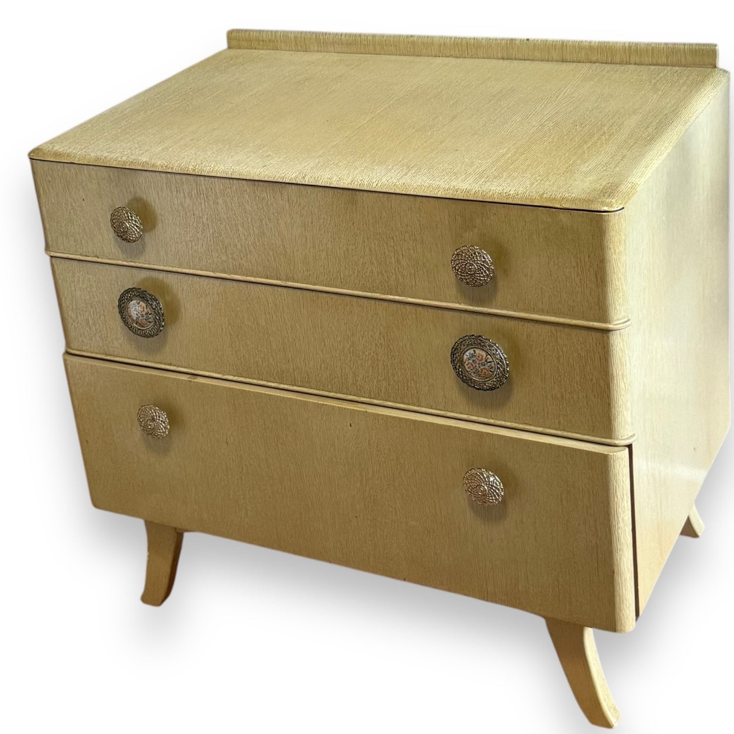 Retro 1950s painted chest of drawers – angled view highlighting curved edges and finish