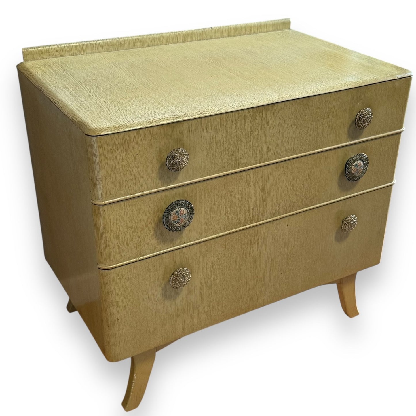 Retro 1950s chest of drawers – angled view highlighting curved edges and painted finish